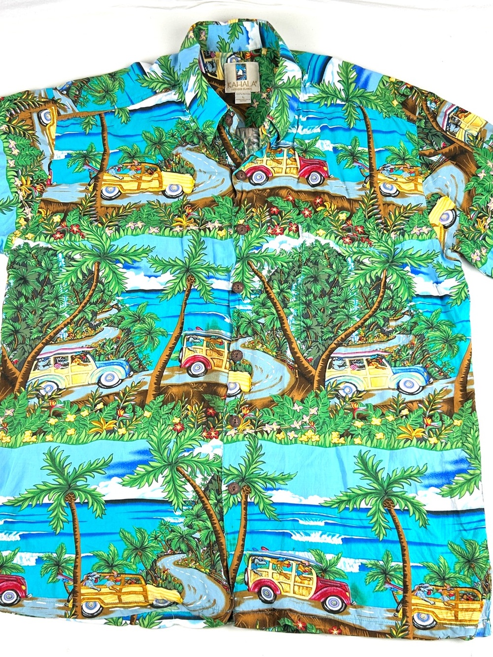 Kahala Hawaiian Surfing Mens Short Sleeve Button Down Shirt Large 100% Rayon